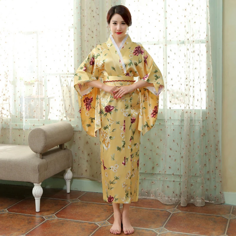 Navyblue New Arrival Japanese Style Lady Kimono Sexy Women Yukata With Obi Vintage Evening Party Dress Flower One Size 101501