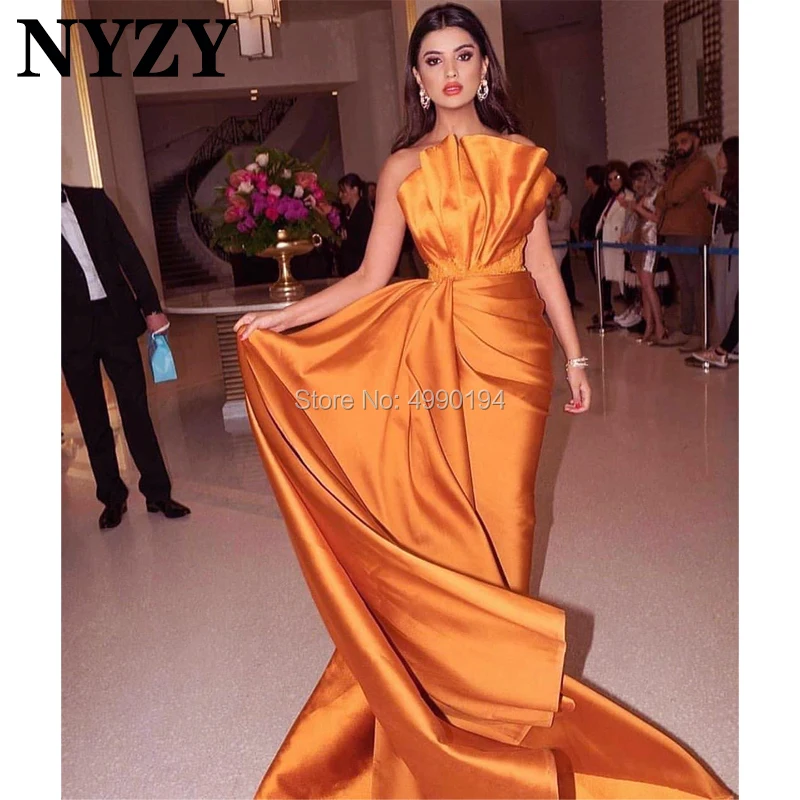 Mermaid Satin Red Carpet Celebrity Dresses Evening Gown Orange NYZY E204 Robe de Soiree vestido de festa longo