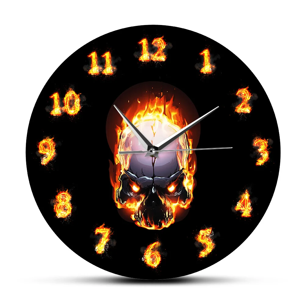 Demon Skull In Fire With Burning Numbers Modern Wall Clock Heavy Metal Flaming Hell Death Skull Wall Watch Halloween Horror Art