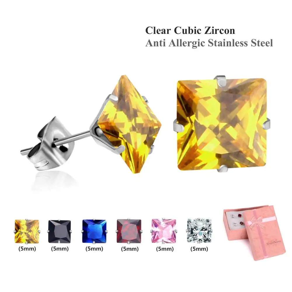 LUXUSTEEL Size 3mm/5mm/7mm Colorful Square Crystal Stud Earrings Stainless Steel 6Pairs/Boxes Earring Sets Bijoux Female