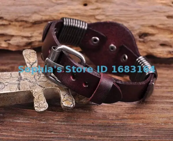 S542 Brown Biker Vintage Floral Studded Men\'s Leather Bracelet Wristband Cuff