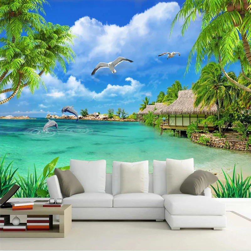 Custom Mural Wallpaper 3D Coconut Tree Sea Scenery Wall Painting Living Room TV Sofa Background Home Decor Waterproof 3D Sticker