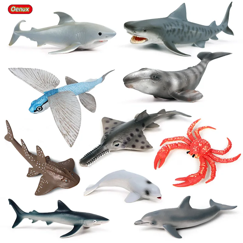 Oenux 10PCS Sea Life  Animals Whale Shark Carb White Whale Model Action Figure Ocean Marine Dolphin PVC Figurines Toy Kids Gift