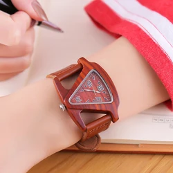 ALK reloj de madera para mujer, relojes de cuarzo para mujer, reloj de pulsera con correa de cuero de bambú para mujer, reloj de madera triangular Unisex, envío directo