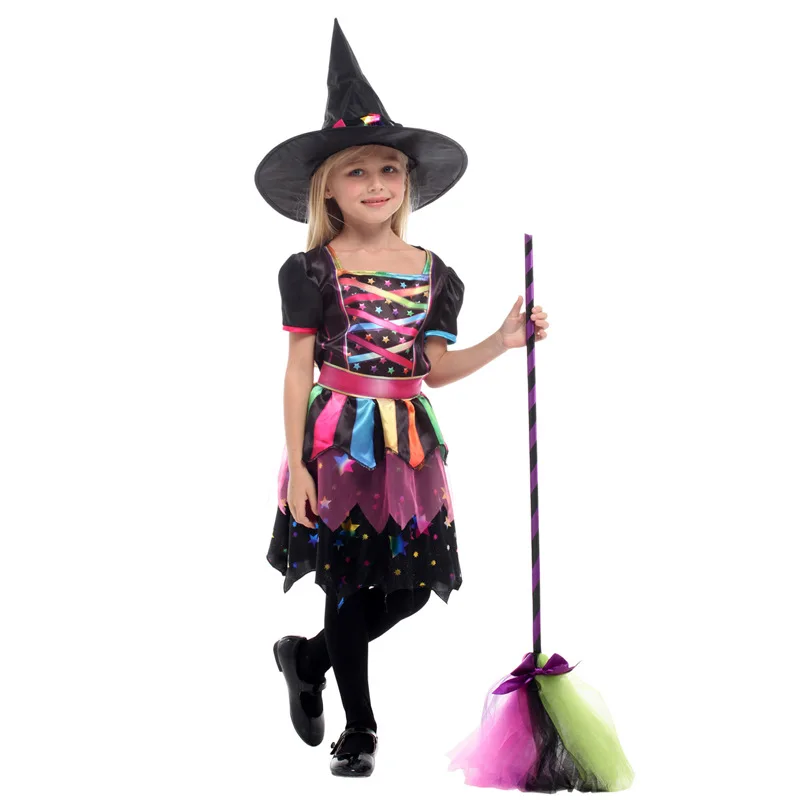 Kinderen Meisjes Regenboog Heks Jurk Kostuum met Hoed Nieuwjaar Kerstmis Carnaval Halloween Kinderen Goochelaar Tovenaar Cosplay Kleding