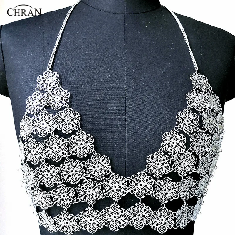 Chran Flower Chain Bra Bralete Disco Party Crop Top Beach Chainmail Cover Up Ibiza Harness Necklace EDM Festival Jewelry CRS223