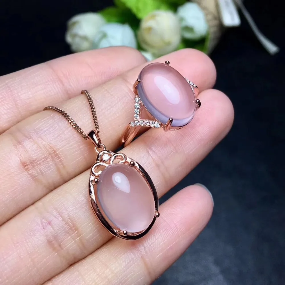 Natural and Real Rose Quartz jewelry set Natural Real Rose Quartz 925 sterling silver 1pc pendant,1pc ring