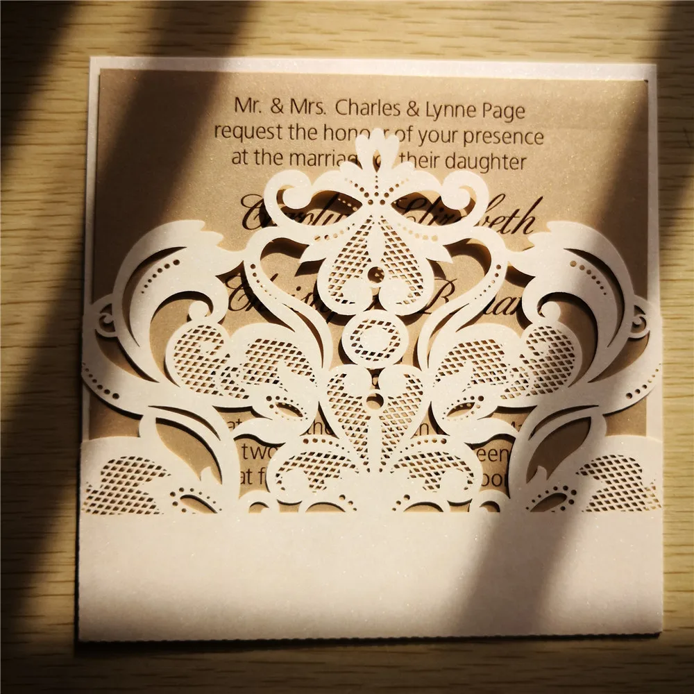 50pcs/set  free envelop and free seal Elegant Flora Design with  laser cut invitation Ivory laser cut with gold insert