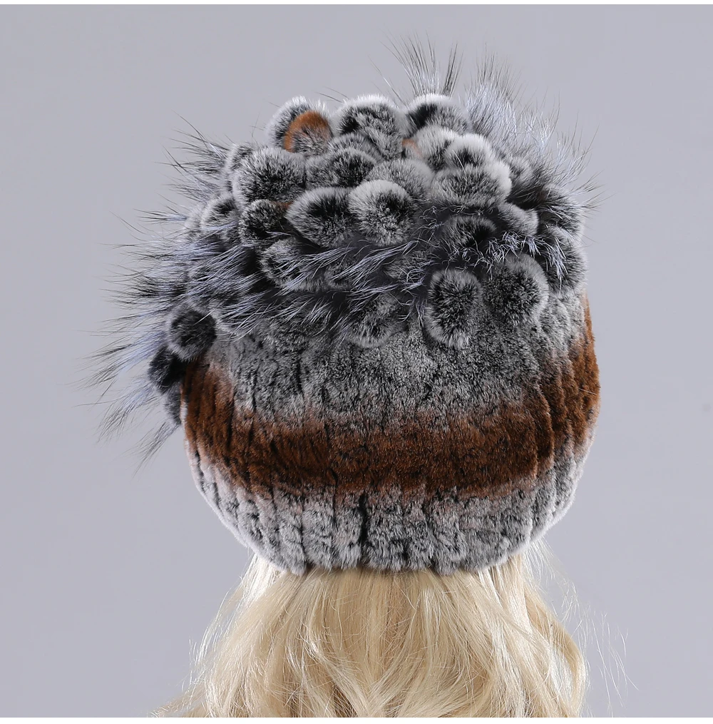 Neue Russische Damen Echt Rex-Kaninchenfell Mützen Luxuriöse Gestrickte Blumen Echte Rex-Kaninchenfell Kappe Winter Echt-Fell Beanie Mütze – Detail 16
