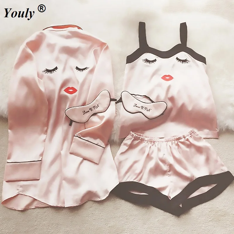 

Pajama Silk Sets 4 Pieces Pajamas Women Sleepwear Female Satin Pijama 2021 Cute Fashion Pyjamas Women Silk Elegant Sleep Lounge