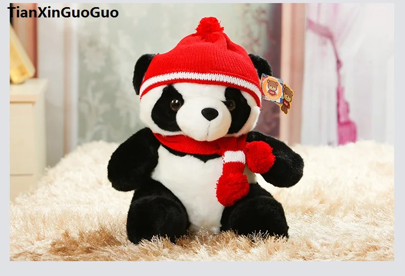 about 28cm lovely panda plush toy wear hat and scarf , soft doll throw pillow high quality goods birthday gift s0340