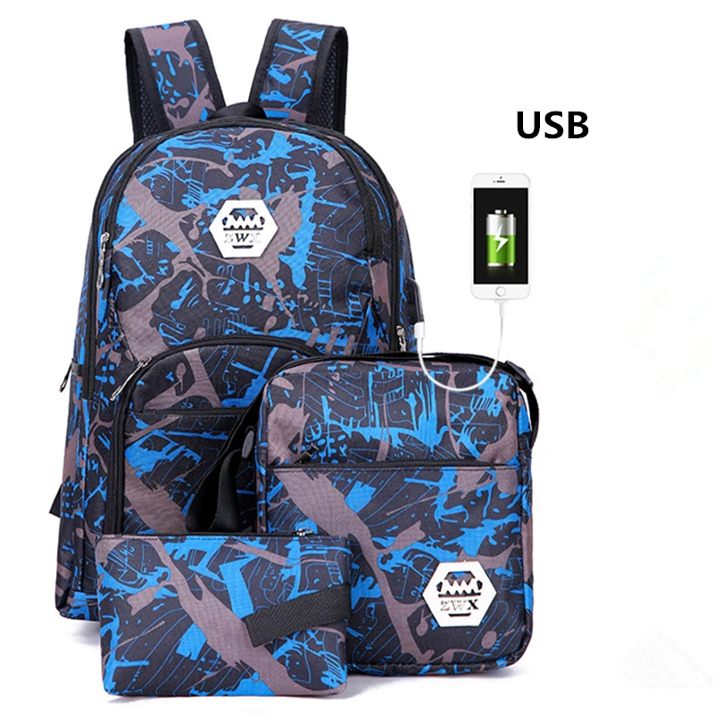 Mochila de camuflaje para hombre, morral escolar de nailon de alta calidad, ideal para ir de viaje, con USB, 3 unids/set