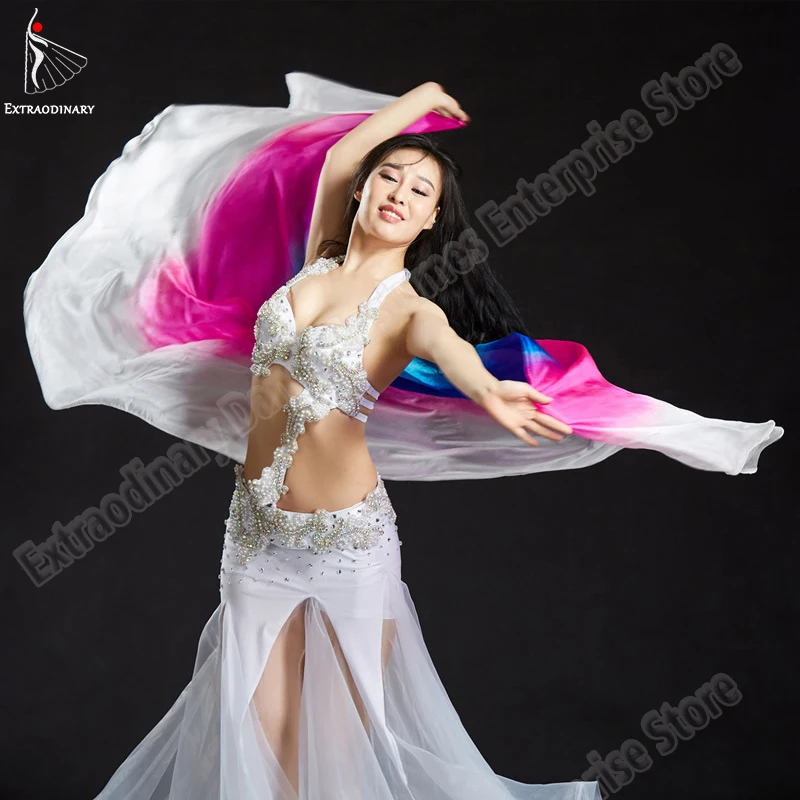 ใหม่ Belly เต้นรำ Veils ประสิทธิภาพ Dancewear ผ้าพันคอผู้หญิงผ้าคลุมไหล่ Silk วงกลมมือโยนอุปกรณ์เสริม Rainbow 250 ซม.x 110 ซม.