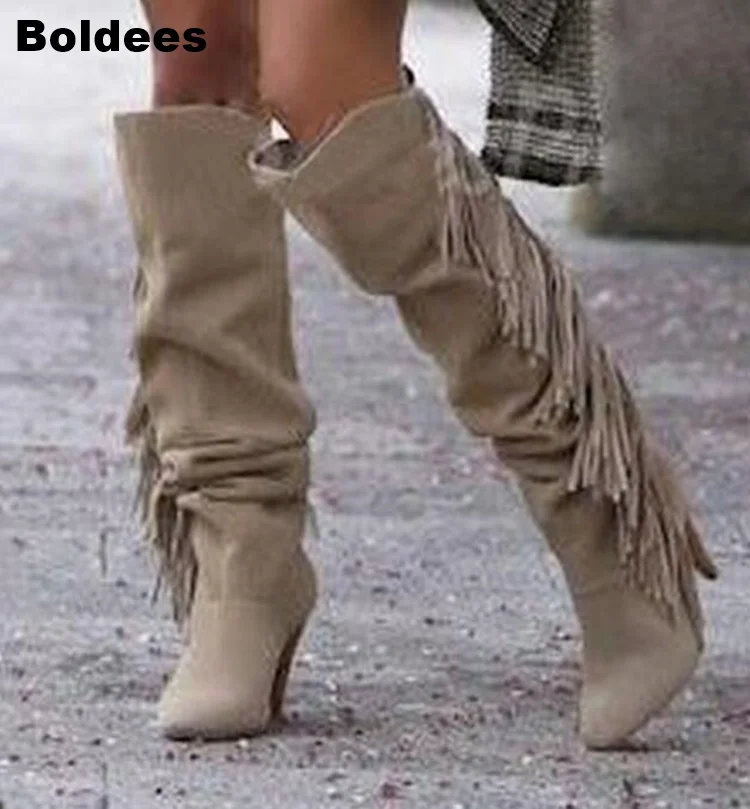 

Fashion solid beige color Real Leather fringed Knee High boots pointed toe side zipper high heels tassels boots women booties