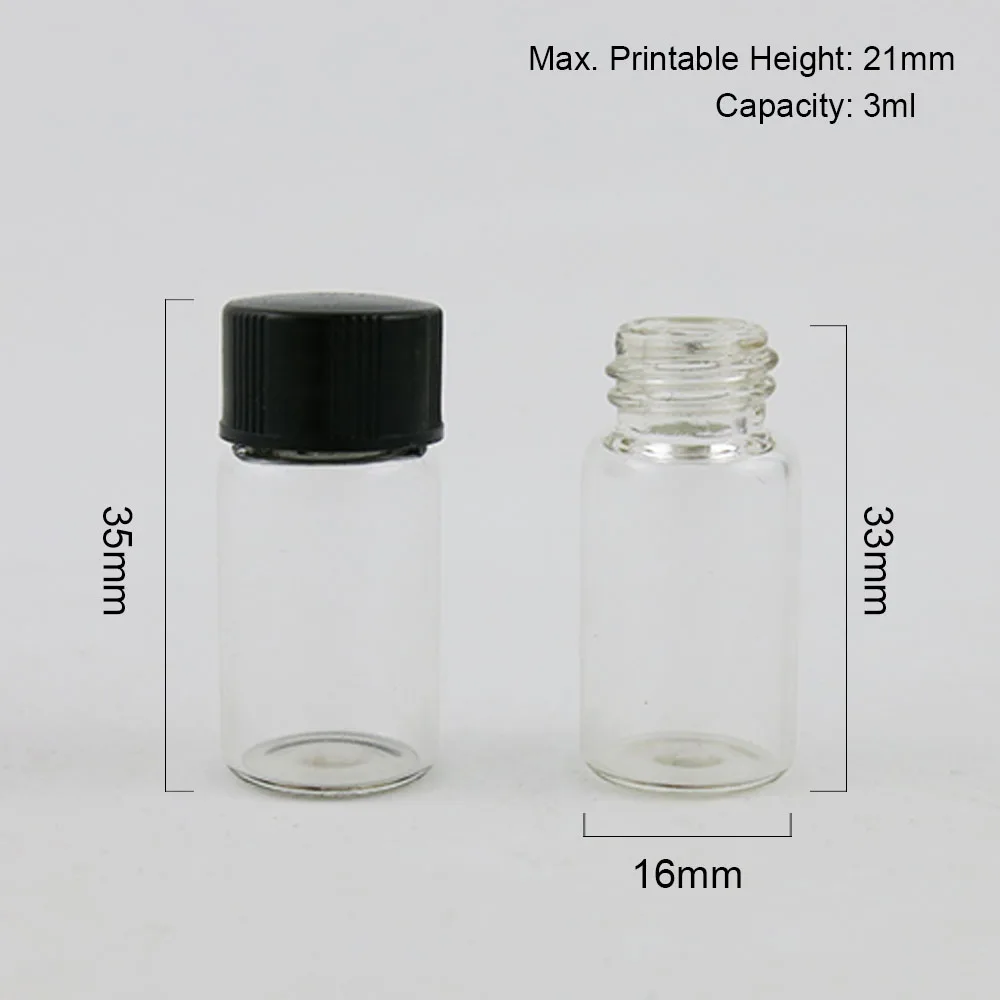 100 x 3ml  Clear Glass Small Bottles with Black White Screw Lids 3cc Sample Vials Laboratory Powder Reagent Bottle Containers