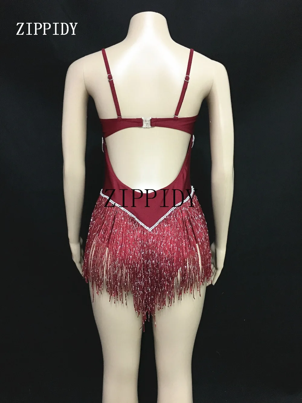 New design Shining Crystals Red Tassels Bodysuit Sparkly Stage Dance Performance Outfit Nightclub  Wear Show Clothes