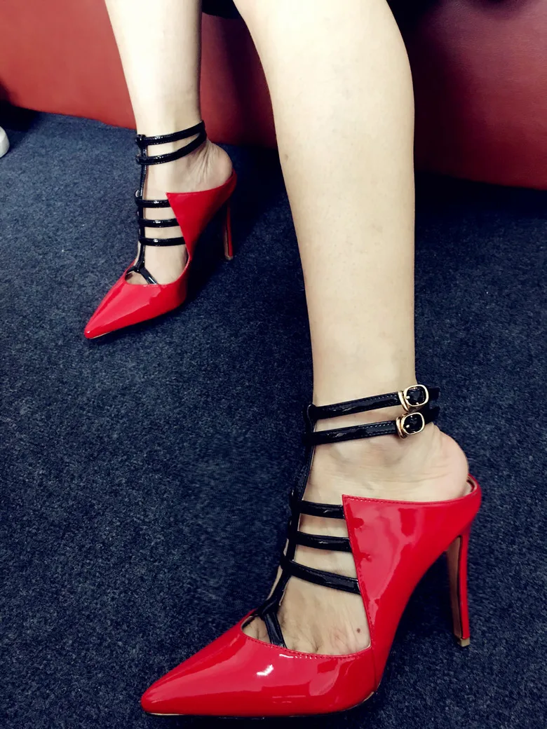 

Red Patent Leather Extreme High Heels Party Wedding Stilettos Buckle Strappy Pointed Toe Pumps Ladies Sandals Shoes Woman 2018