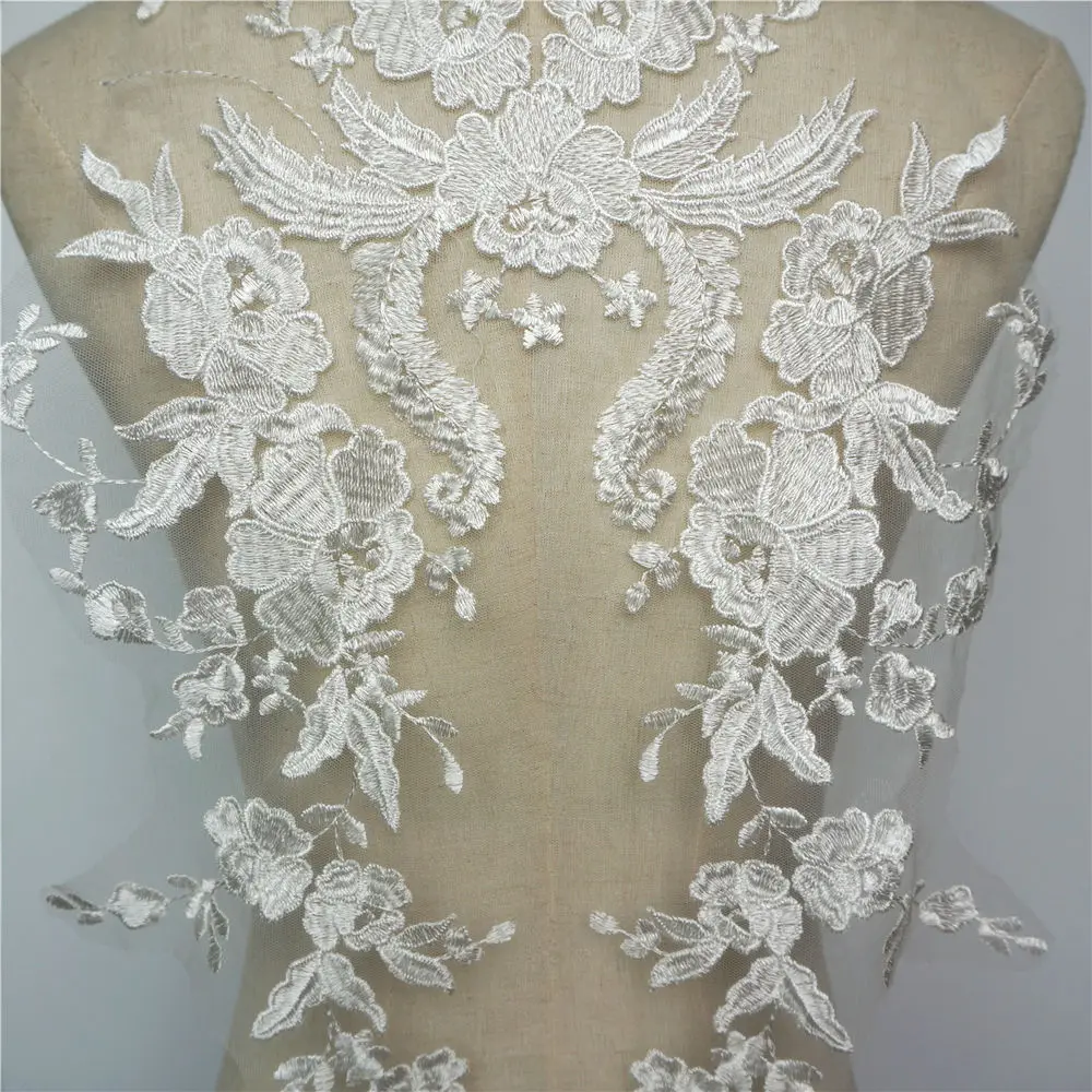 White Flowers Wedding Gown Appliques Embroidered Fabric Collar Lace Trims Mesh Sew On Patch For Dress DIY Decoration