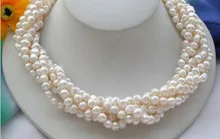 

Nobility Woman natural jewelry 6row 4mm baroque white Freshwater cultured pearl NECKLACE 18-22 inch Genuine Lucky Lady's