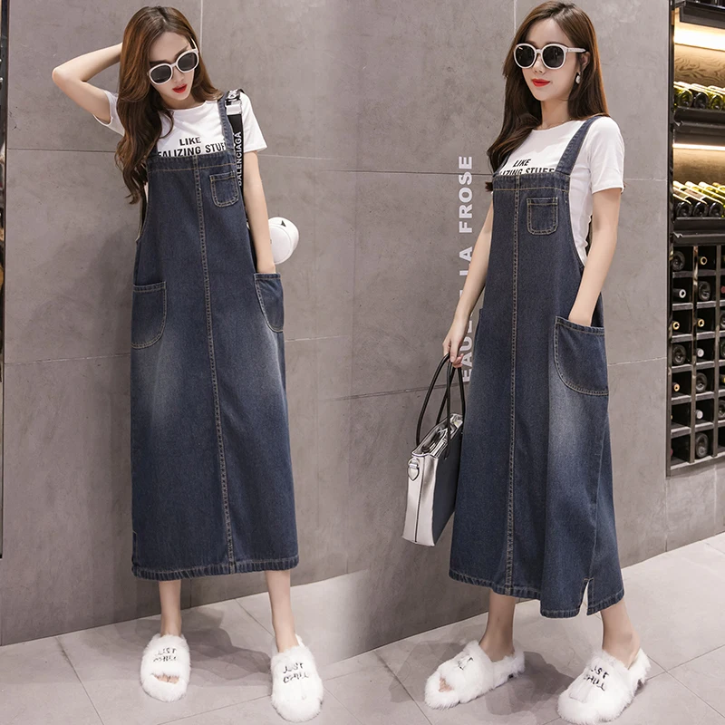 Summer Women Long Denim Dress Sundress Fashion Pockets Casual Loose Overalls Dresses Female Blue Strap Jeans Dress Plus Size 5XL