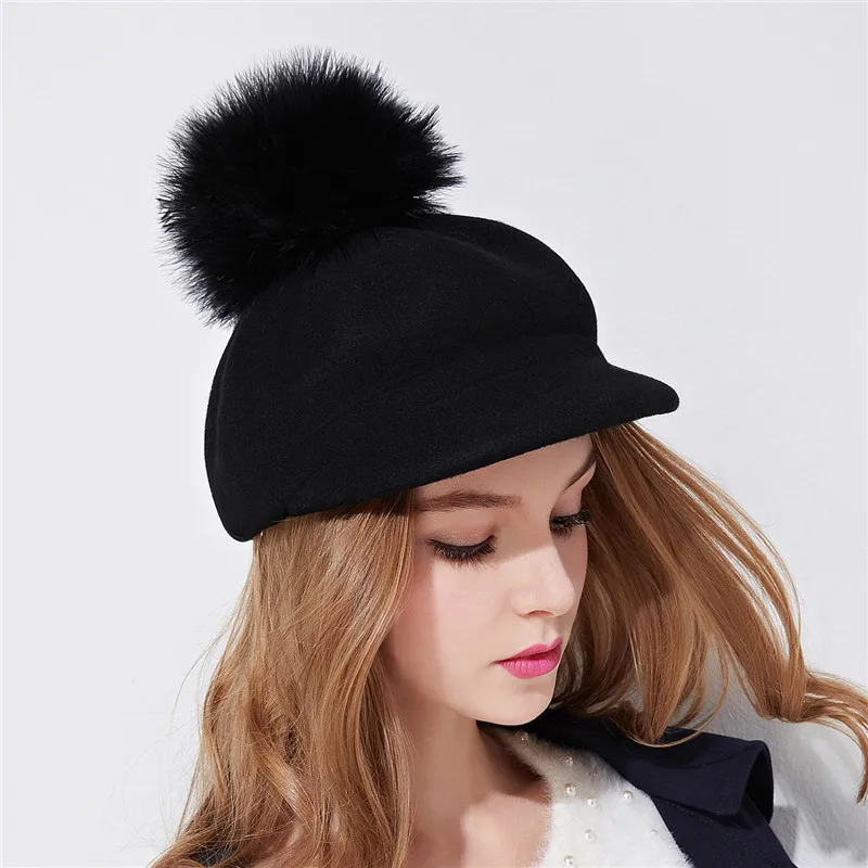 Xthree-gorro octogonal de lana para mujer, gorro de invierno con visera, gorro de moda con pompón de piel de avestruz