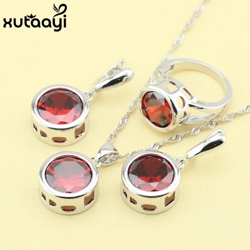 Red Created Garnet  Fashion  Silver colorcolor Jewelry Sets For Women  Alluring Wedding Necklace Rings Earrings Bracelet