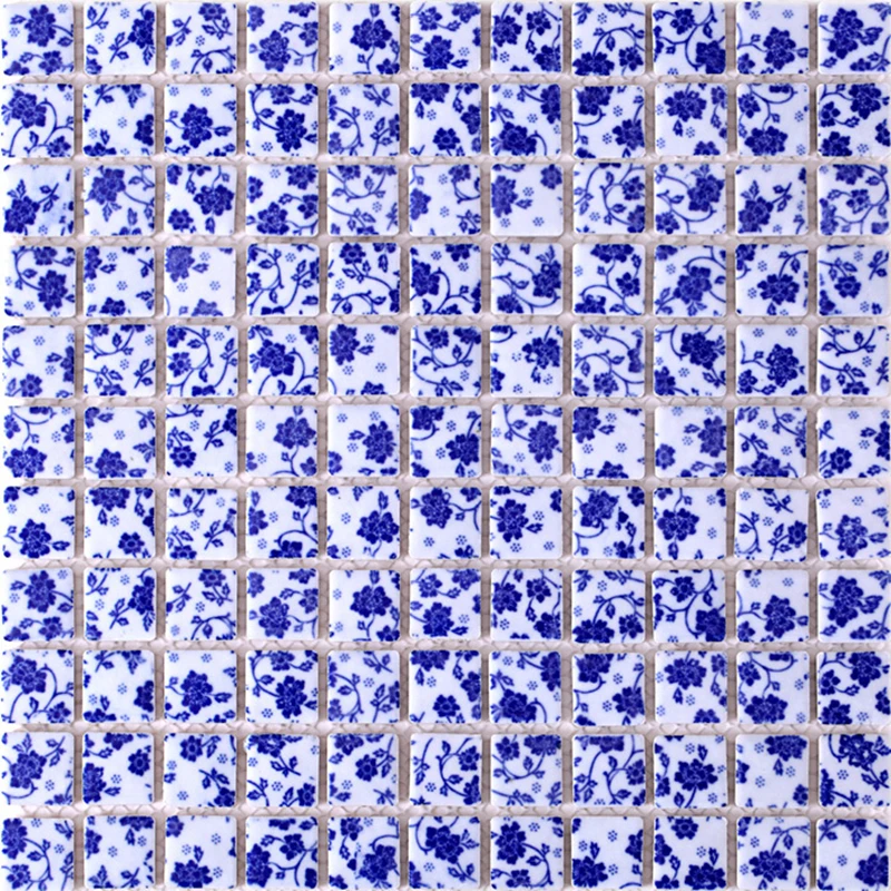 25mm Ceramic blue and white porcelain flower design mosaic tile ,DIY bathroom wall floor pool kitchen backsplash, mesh mounted