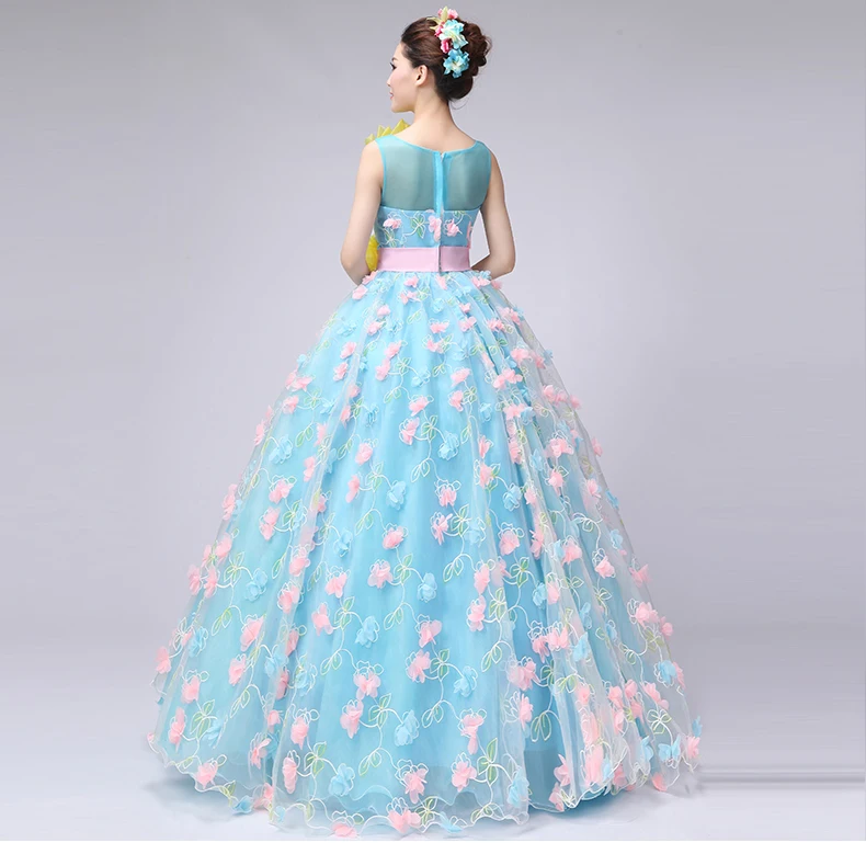 100%real blue flower petal pink embroidery ball gown royal medieval dress princess Renaissance Gown queen gown Victorian dress