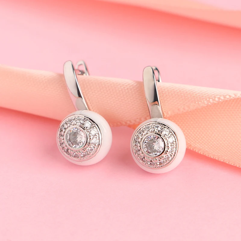 Fashion Simple Round Ceramic Stud Earrings Silver Plated Cubic Zirconia Classic Earrings For Women Party Wedding Jewelry Gift