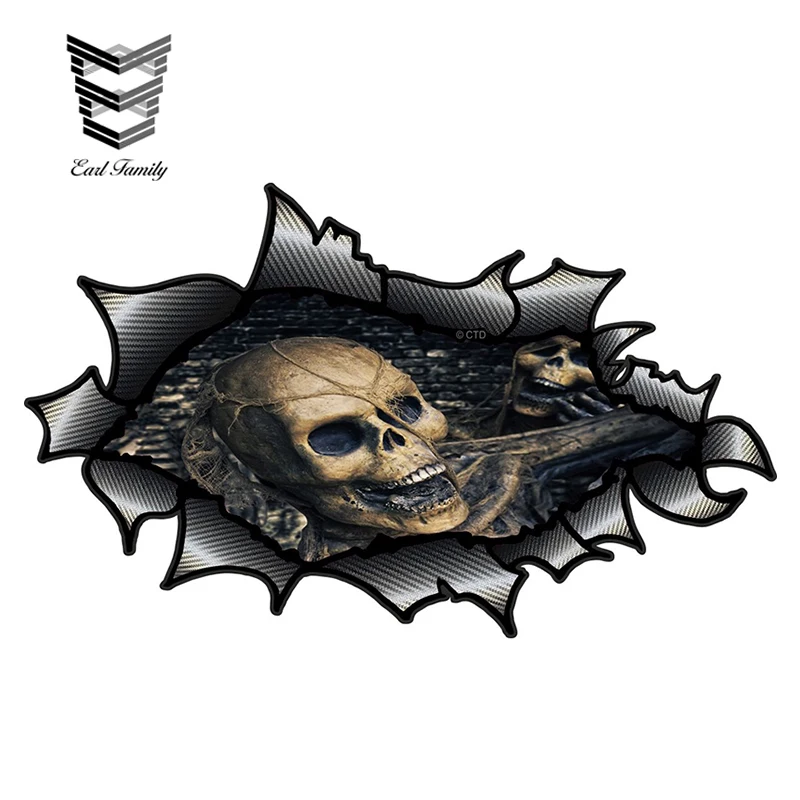 EARLFAMILY 13cm X 7.9cm Ripped Torn Carbon Fibre Fiber Design with Evil Gothic Skull Inside Motif External Vinyl 3D Car Stickers