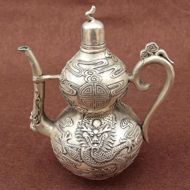 

Archaize white copper home furnishing articles dragon grain gourd teapot