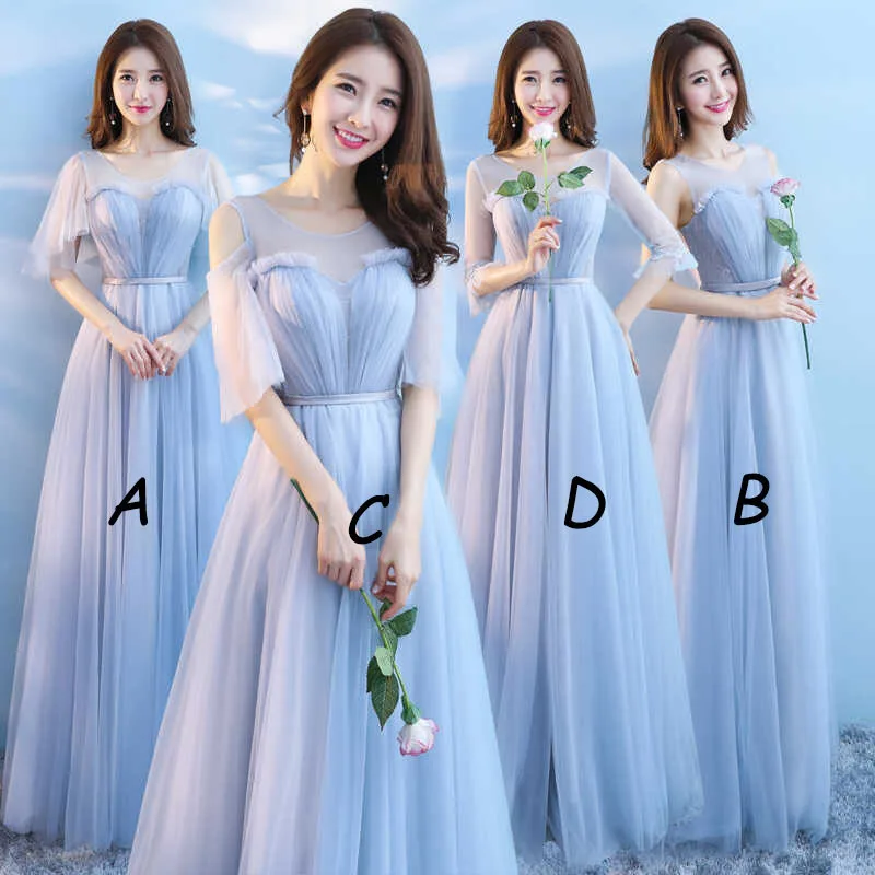 

Simple O Neck Long Bridesmaid Dresses New Winter Gray Slim Wedding Bridesmaid Dress Sisters Group Tulle Dress Mingli Tengda