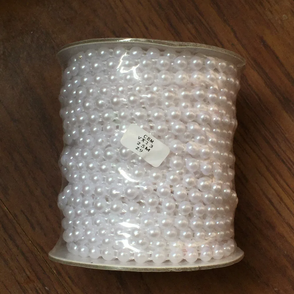 25 Meters/Roll 6mm Half round Flat Back Plastic Pearl Trim String Trim Chain Sew VX13-White