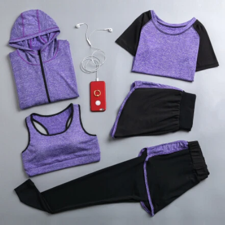 Cappotti con cappuccio da donna + maglietta + reggiseno + pantaloncini + pantaloni set da yoga abbigliamento sportivo ad asciugatura rapida