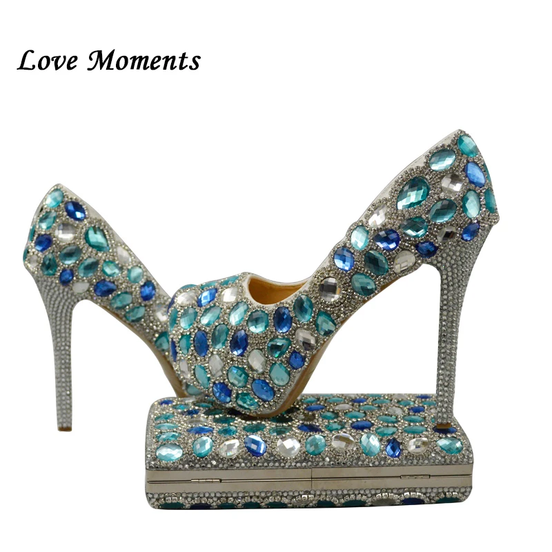 Love Moments Sea blue crystal Ladies wedding shoes with matching bags Galosh Para high heels platform shoes woman shoes and bags