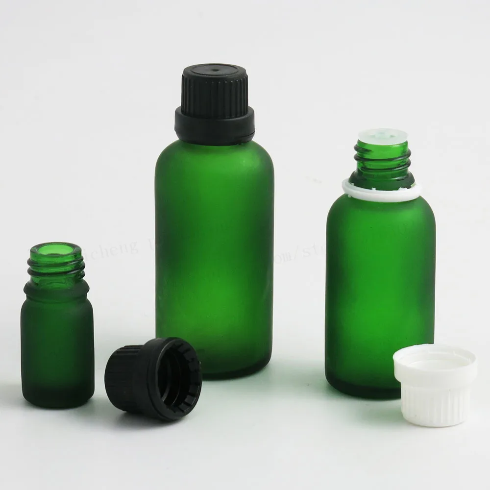 100ml 50ml 1oz 20ml 15ml 10ml 5ml Travel Frost Green Glass Essential Oil Containers With White Black Plastic Cap 12pcs