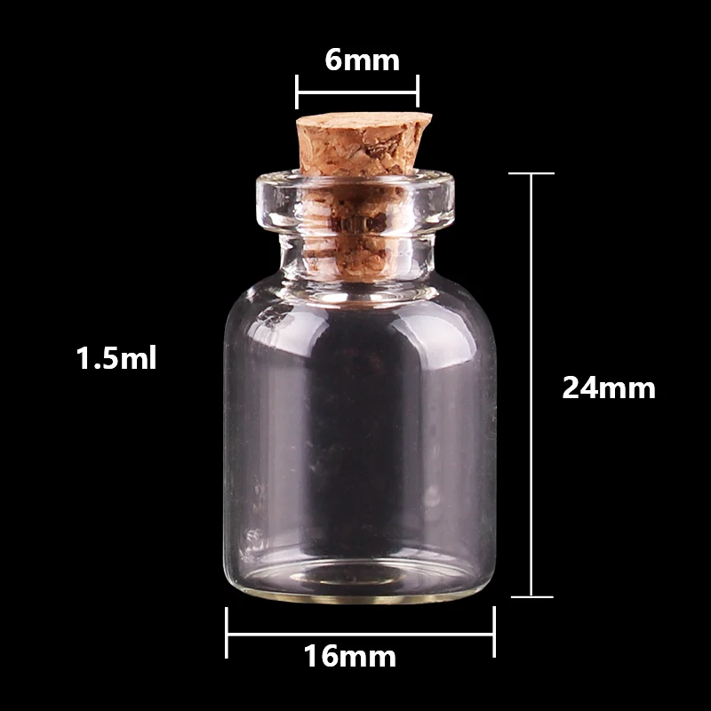 Diameter:16mm 1.5ml 2ml 5ml Cute Mini Glass Bottles with Cork Stopper Empty Spice Wish Bottles Jars Vials