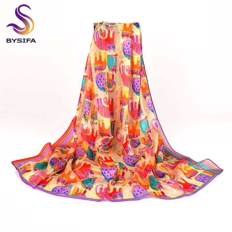 BYSIFA Black Cats Women Silk Scarf Shawl 2018 New Accessories 100% Silk Long Scarves Wraps Spring Autumn Scarf Cape 180*110cm