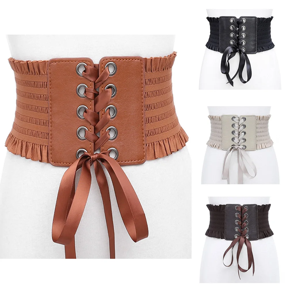 Women Ladies Fashion Stretch Belt Tassels Elastic Buckle Wide Dress Corset Waistband