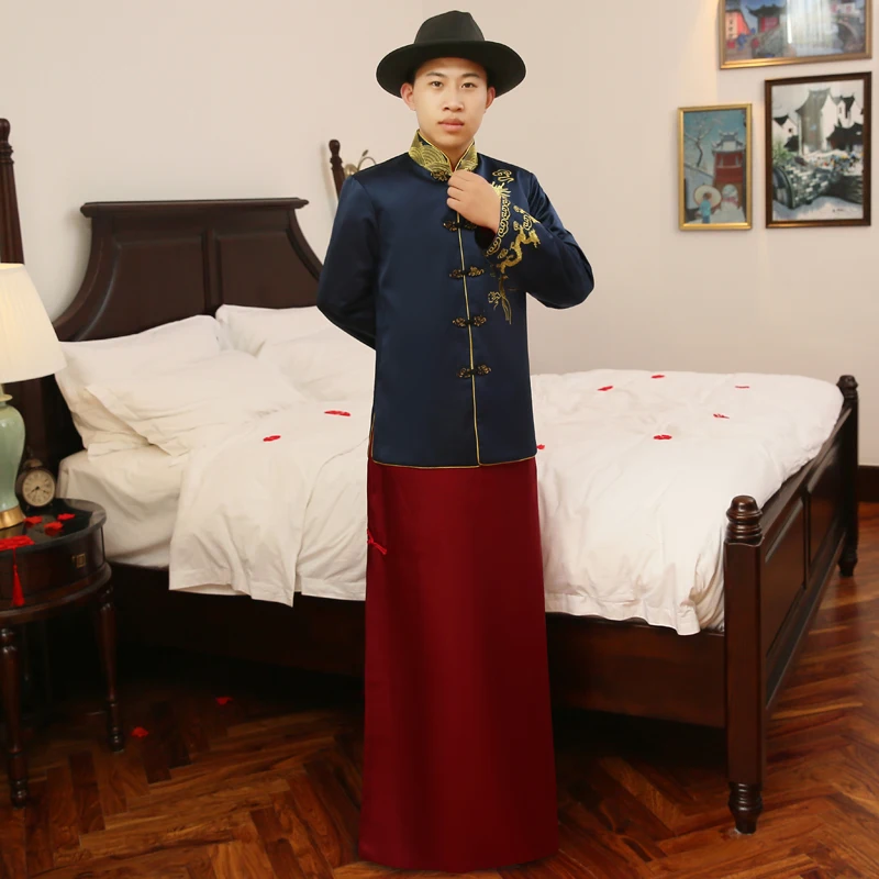 Summer Autumn Special Fashion show chinese male Traditional bridegroom Suit chinese style wedding long dragon Groom gown Robe