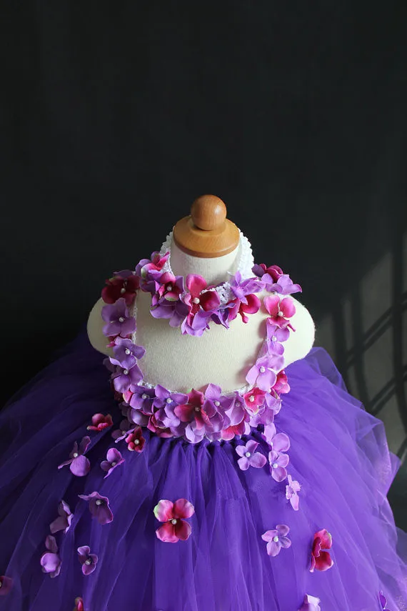 Beautiful Girls Purples Flower Petals Tutu Dress Kids Fluffy Tulle Wedding Party Dress with Headband Children Crochet Long Tutus