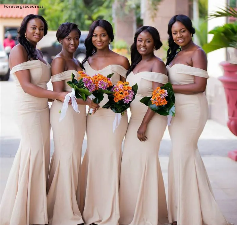 

African Girls Mermaid Bridesmaid Dresses 2019 Off Shoulder Summer Country Garden Formal Wedding Party Guest Maid of Honor Gowns