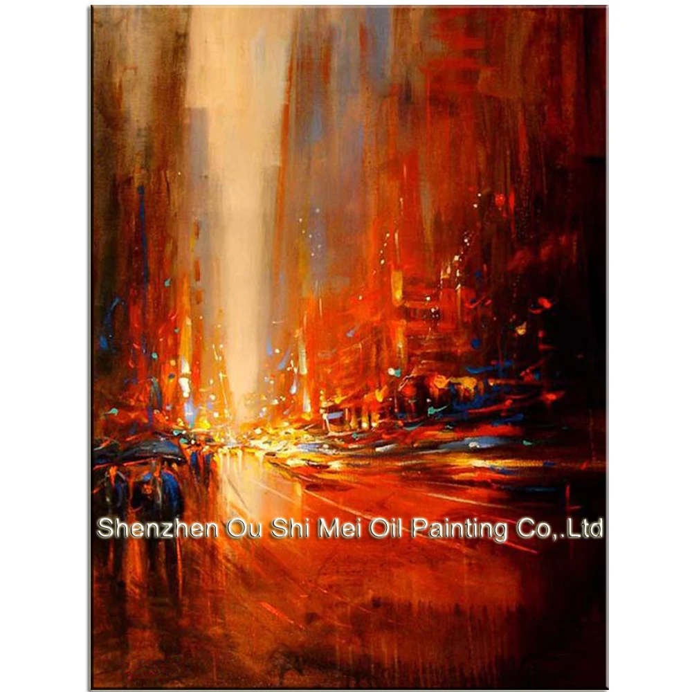 Handpainted Impression Oil Painting on Canvas Red Sunrise Street Landscape for Hallway Home Decor Modern Wall Decor Picture Art