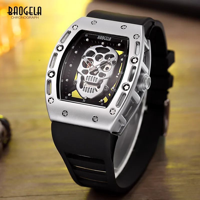 Baogela Herren Mode Militär Silikon Strap Rechteck Zifferblatt Schädel Gesicht Sport Quarz Handgelenk Uhren BGL1612G-1
