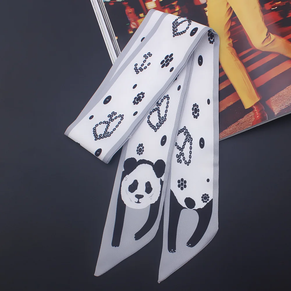 Cartoon Panda Cat Print Twill Silk Small Women Fashion Scarf Hair Bags Handle Decoration Tie Multifunction Hand Ribbon Scarf