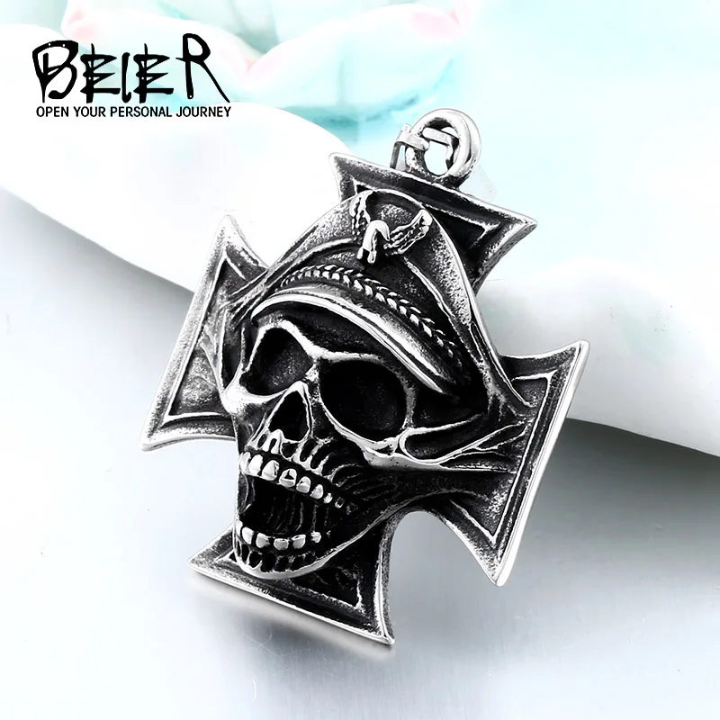 BEIER Dictator Skeleton Skull Vampire Chain 316L Stainless Steel Cross Pendant Necklace for Men Punk rock Jewelry BP8-438