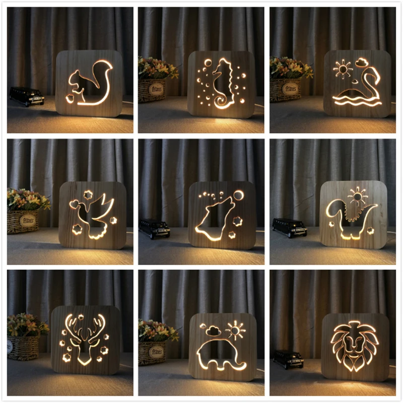 Wood nightlight Cute Animal dog cat lion dolphin Seahorse LED desk lamp gift adult children bedside lamp Decoration drop ship