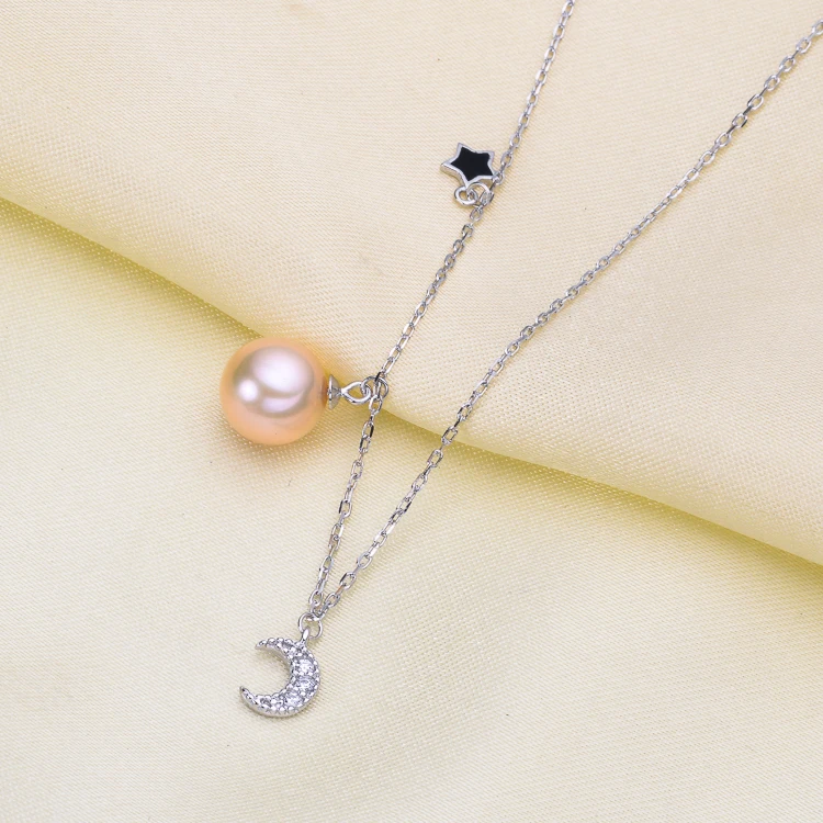 

S925 Sterling Silver Pendant Necklace Settings Moon&Star Pearl Jewelry Chain Silver&Gold Color 3Pieces/Lot