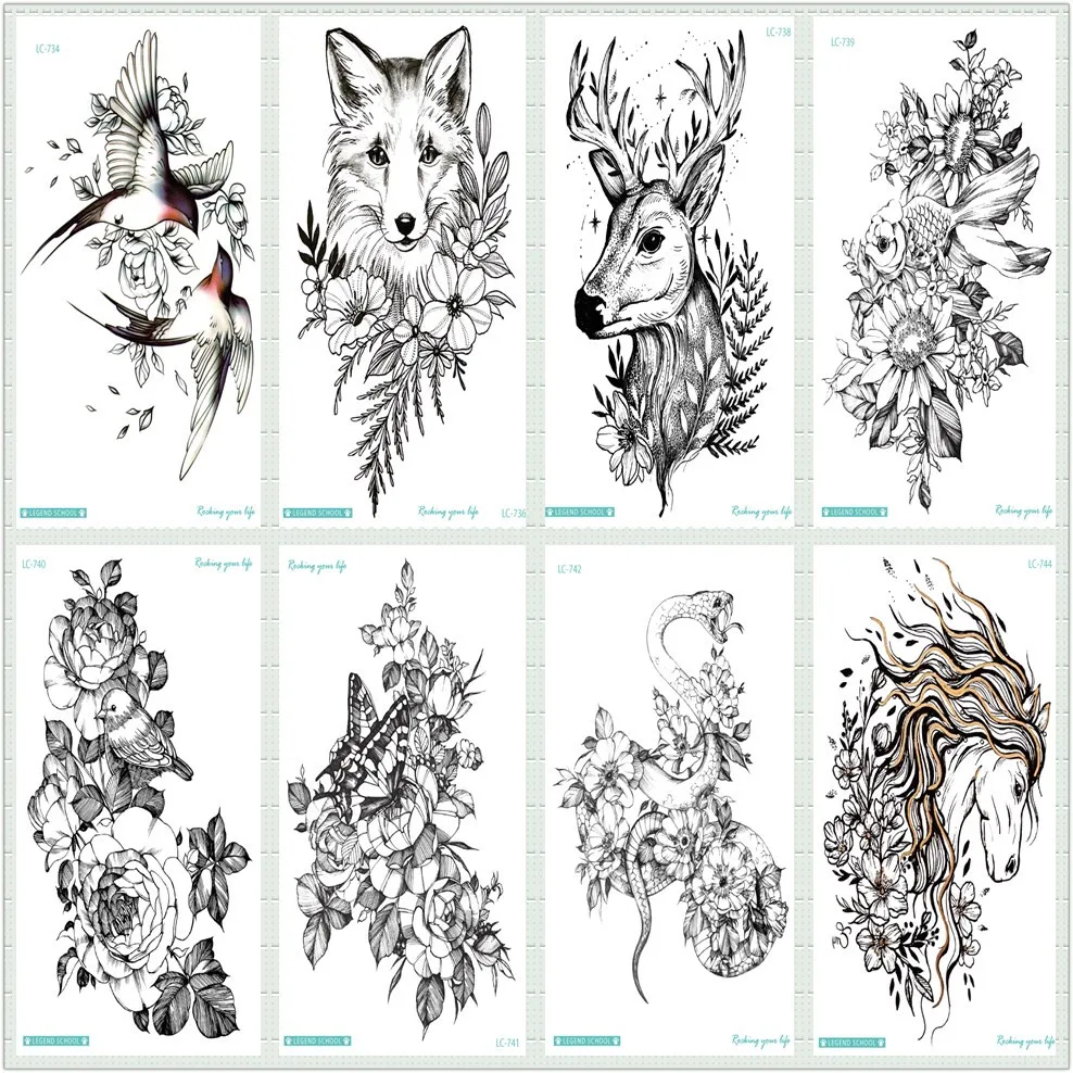 Rocooart Black Sketch Tattoo Sticker Horse Taty Wolf Bird Snake Fake Tattoo Body Art Temporary Tattoo Stickers Flowers Tatuagem