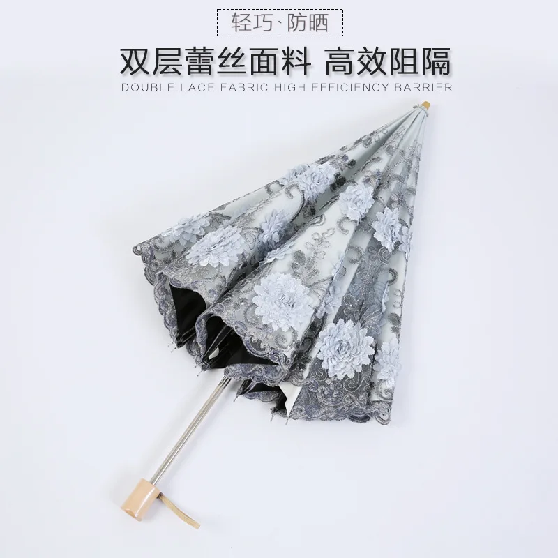 High grade lace Summer women anti UV dual folding umbrella ultra light handmade embroidered sunny and rainy umbrella